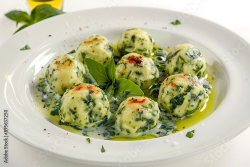 Ricotta And Spinach Dough Balls Italian Gnudi on white plate, white background photo