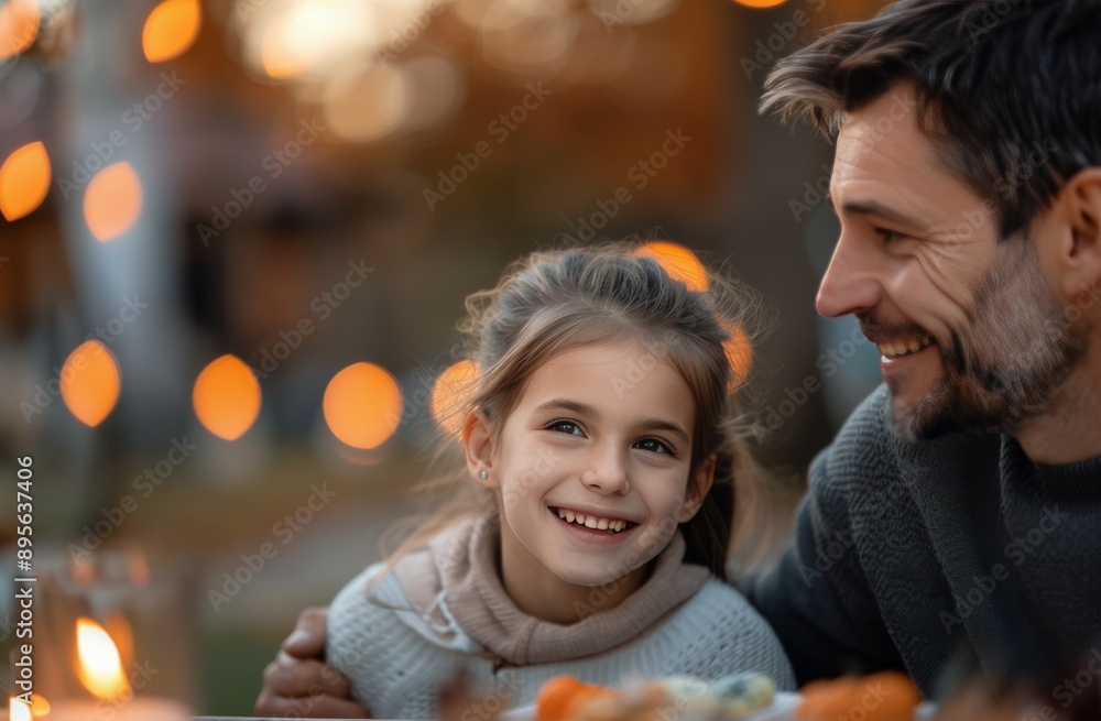 Naklejka premium Girl Smiles at Dad During Halloween Dinner