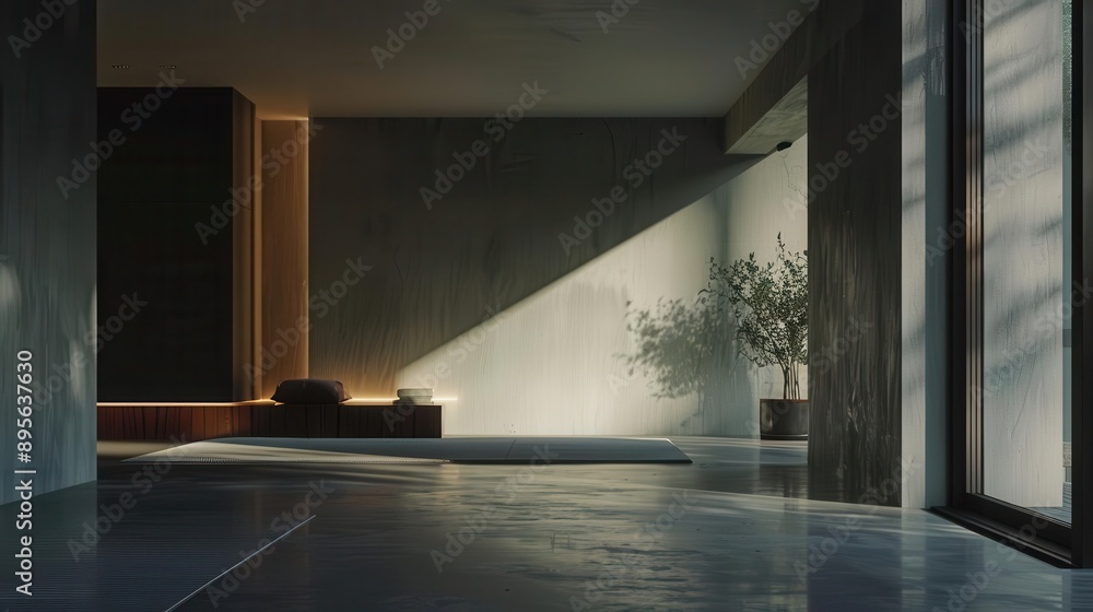 atmospheric rendering of empty elegant room at night moonlight casting long shadows minimalist luxury decor hints of art deco influence atmospheric rendering of empty elegant room at night moonlight casting long shadows minimalist luxury decor hints of art deco influence