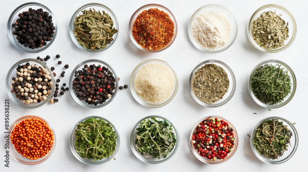 Aerial view of different herbs and spices spread out on a clear background, perfect for healthy, high-fiber meals Aerial view of different herbs and spices spread out on a clear background, perfect for healthy, high-fiber meals
