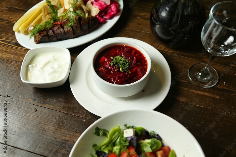 Traditional Russian Lunch With Borscht and Salad Traditional Russian Lunch With Borscht and Salad