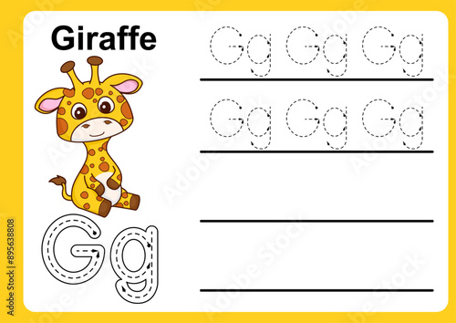 Animal Alphabet Letter G for Giraffe. colorful ABC alphabet trace practice worksheet