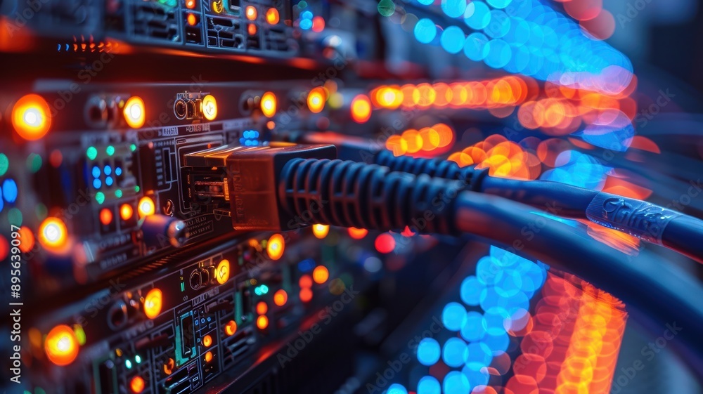 Close-Up of Network Cables and Servers with Blurred Background of LED Lights in a Data Center Close-Up of Network Cables and Servers with Blurred Background of LED Lights in a Data Center