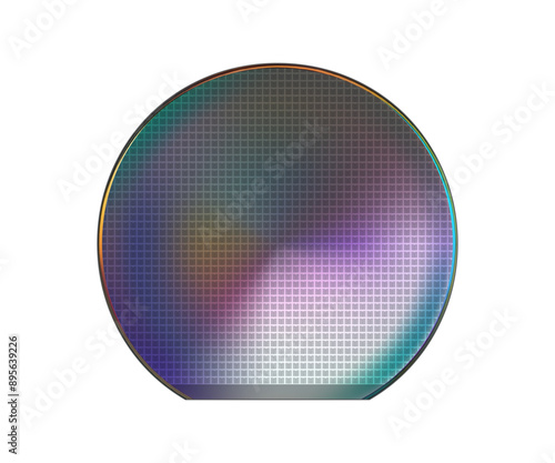 Truncated silicon wafer plate with microchip cells and holographic effect isolated on white. Microelectronic polycrystalline integrated circuits for chips. Vector illustration with gradient mesh