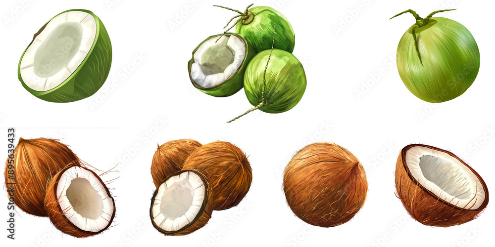 Set of coconuts and green coconuts illustration, whole and half cut, isolate on transparent background Set of coconuts and green coconuts illustration, whole and half cut, isolate on transparent background