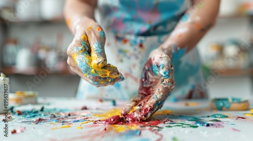 A person with paint-covered hands stands out in a vividly colorful environment, signifying unrestricted creativity and the joy of artistic creation in a lively setting. photo