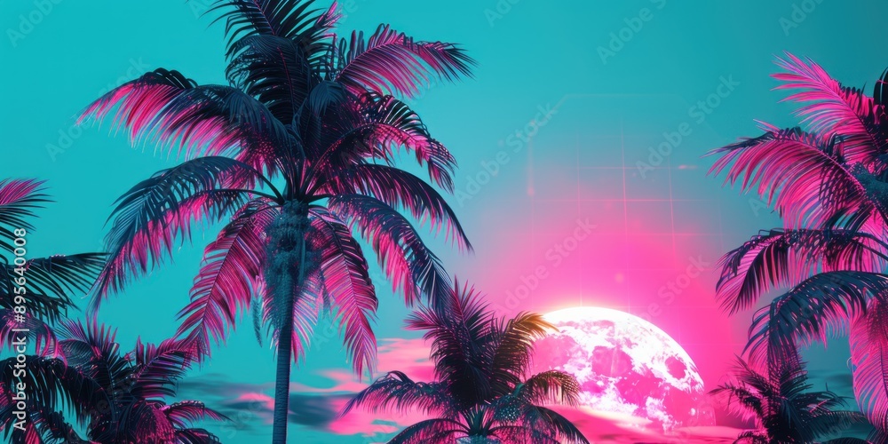 Retro Futuristic Palm Trees and a Pink Moon Retro Futuristic Palm Trees and a Pink Moon