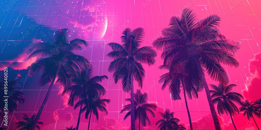 Obraz premium Neon Palm Trees Under a Pink and Blue Sky