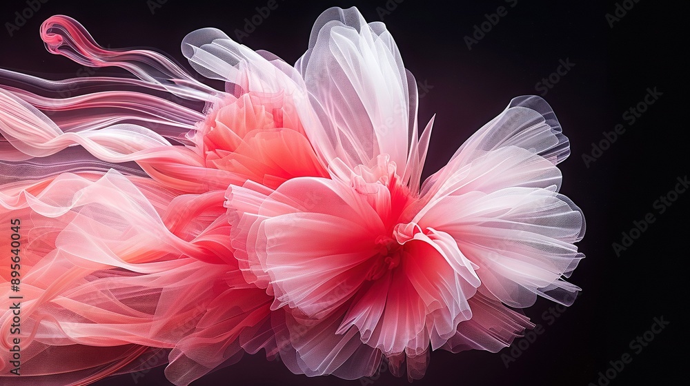A couple of pink flowers sit atop a black table beside a red and white blossom also resting on a black surface A couple of pink flowers sit atop a black table beside a red and white blossom also resting on a black surface