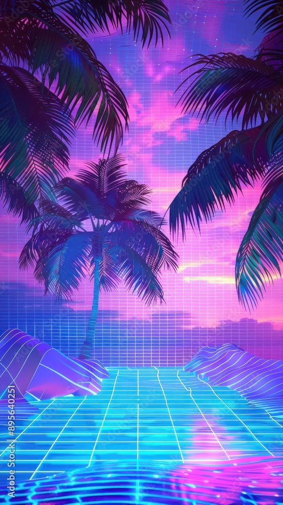 Fototapeta premium Synthwave Palm Trees at Sunset