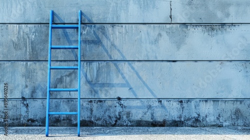 Blue stationary ladder on concrete wall photo