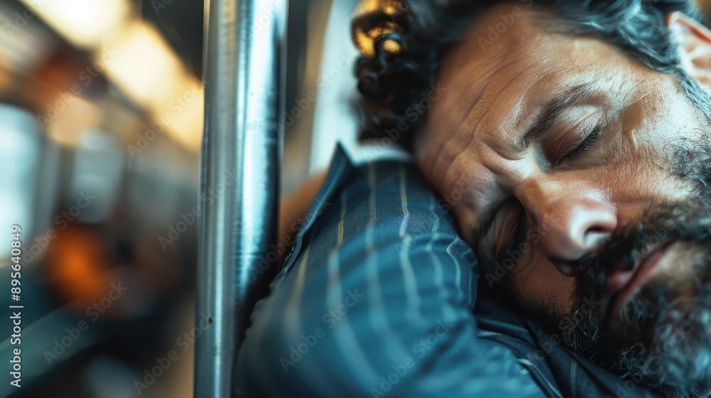 Obraz premium Close-up of a person resting against the subway poles during a commute, capturing the calm, reflective mood in a busy public transport environment, emphasizing every details.