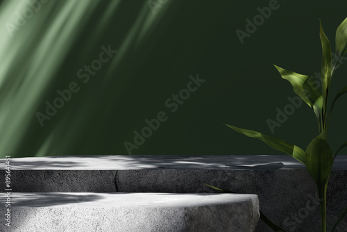 White stone product display podium with shadows leaves on green background. 3D rendering