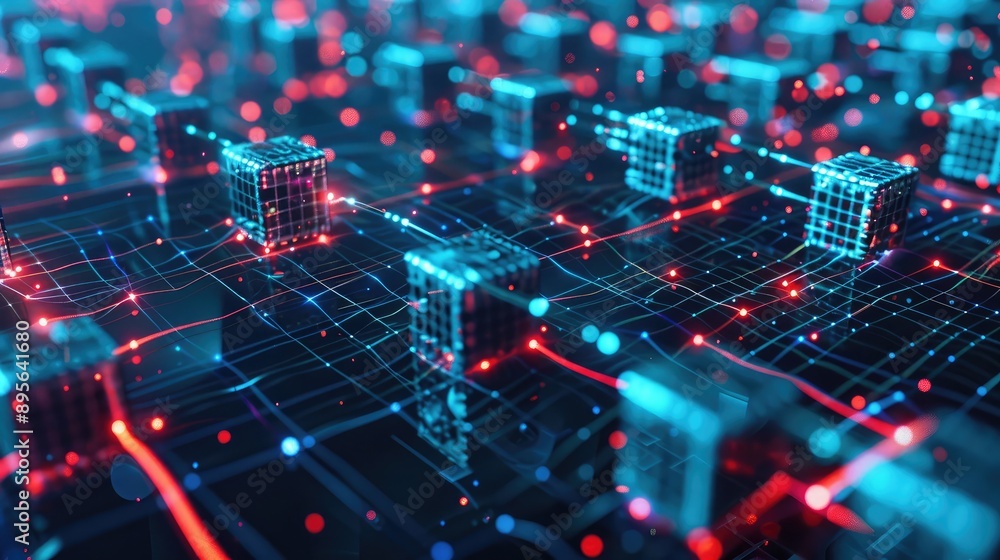 A 3D rendering of a digital blockchain with interconnected blocks. A 3D rendering of a digital blockchain with interconnected blocks.