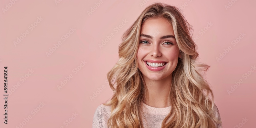 Naklejka premium Radiant Young Woman with Flowing Golden Hair Smiling Against Soft Background. Stunning Blonde Model Showcasing Healthy, Shiny Locks for Hair Care Products or Salon Services. Beauty and Confidence Pers