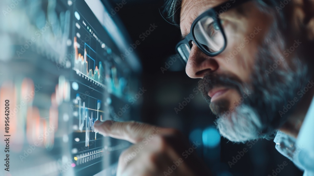 A hand points towards financial data displayed on a screen, emphasizing various graphs and analytical charts, set against a background of additional financial information. A hand points towards financial data displayed on a screen, emphasizing various graphs and analytical charts, set against a background of additional financial information.