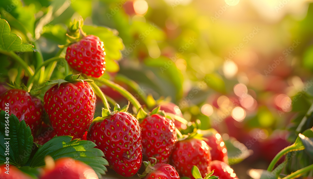 Close-up of ripe strawberries in sunlight, ready for harvest Close-up of ripe strawberries in sunlight, ready for harvest