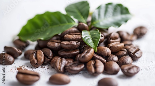 Coffee Beans and Fresh Leaves on a White Surface