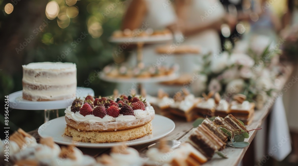 This delightful image showcases a dessert table filled with assorted cakes and pastries, beautifully arranged in an outdoor setting, creating a sense of abundance and festive charm. This delightful image showcases a dessert table filled with assorted cakes and pastries, beautifully arranged in an outdoor setting, creating a sense of abundance and festive charm.