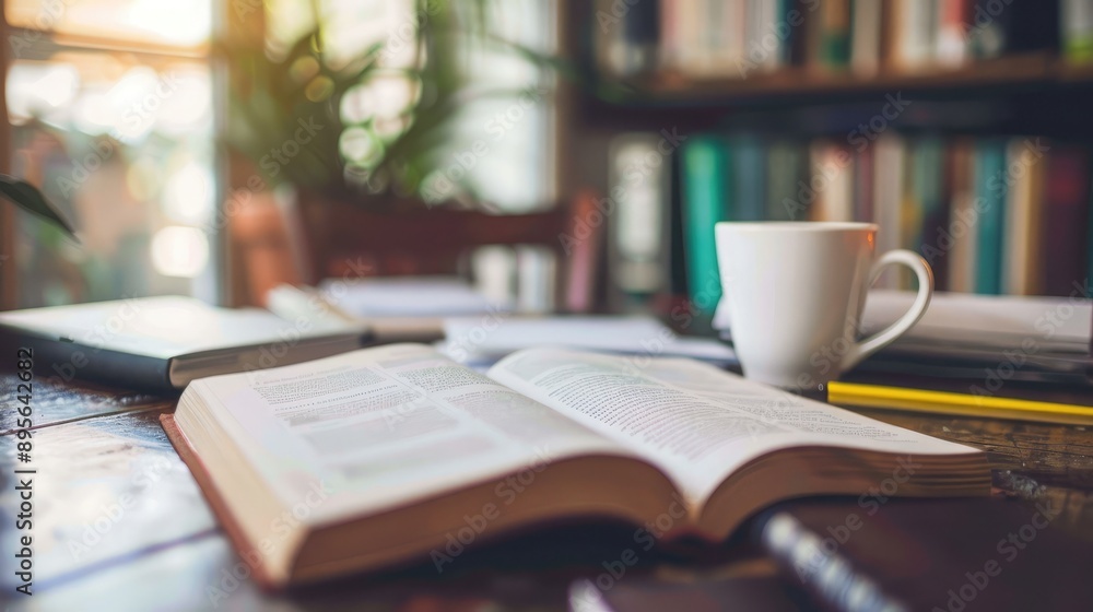 Naklejka premium A desk with open books, financial reports, and a cup of coffee.