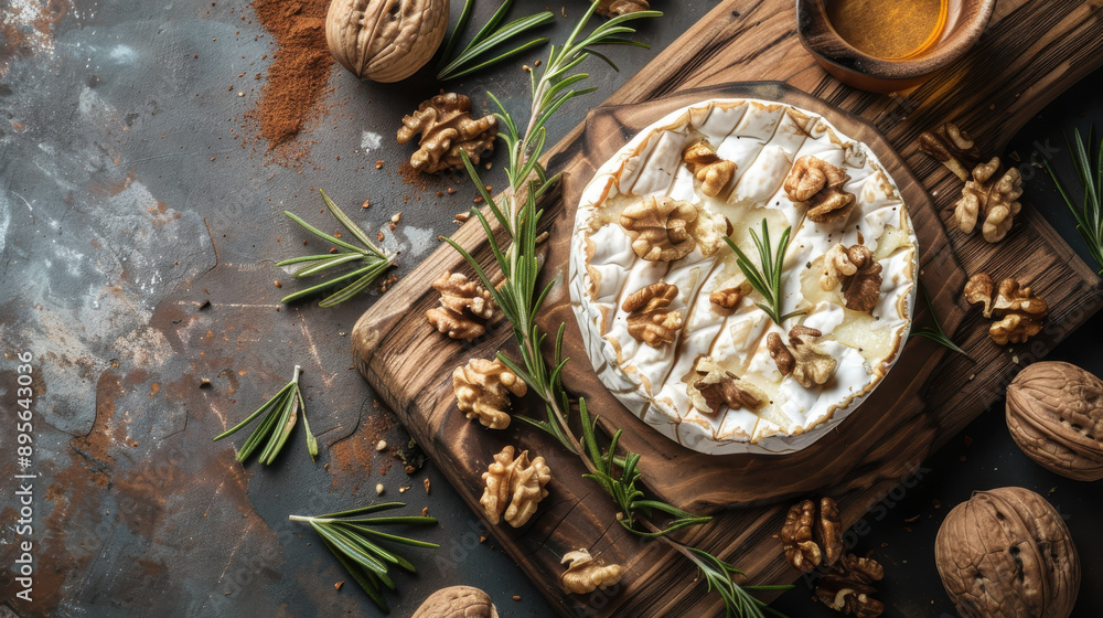 Camembert cheese wheel surrounded by walnuts and rosemary on a cutting board Camembert cheese wheel surrounded by walnuts and rosemary on a cutting board