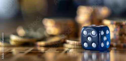 Blue Dice on Stack of Coins