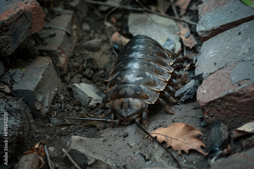 The background is a garden, the foreground is dark and humid soil, the ground is covered with some centipedes