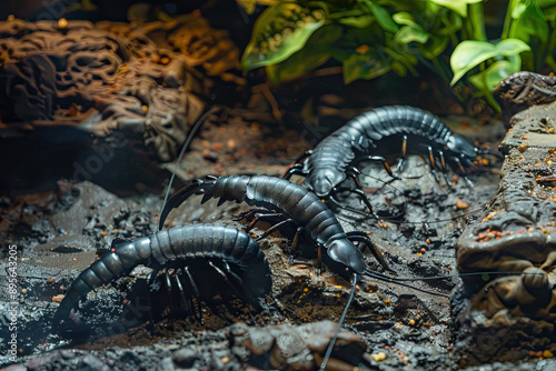 The background is a garden, the foreground is dark and humid soil, the ground is covered with some centipedes