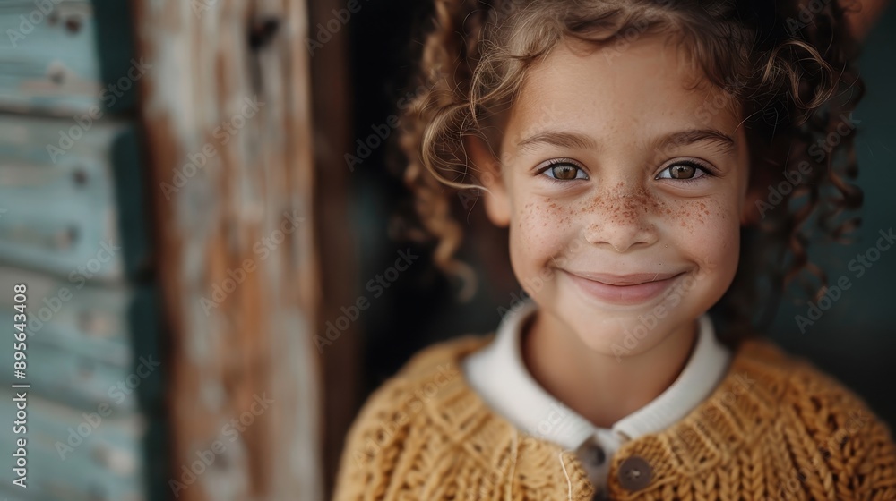 A smiling girl with freckles and curly hair stands against a wooden background, wearing a mustard-colored sweater, exuding happiness and warmth with her radiant smile. A smiling girl with freckles and curly hair stands against a wooden background, wearing a mustard-colored sweater, exuding happiness and warmth with her radiant smile.