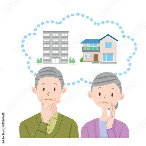 一戸建て マンション 賃貸か持ち家か悩むシニア夫婦のイラスト