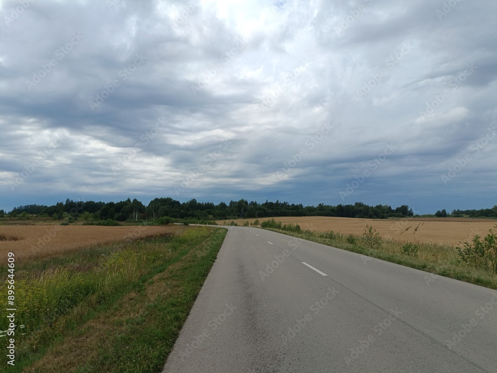 Aviacijos street in Siauliai. Empty street in suburbs. Sunny day with white and gray clouds in sky. Summer season. Aviacijos gatve Siauliuose. Aviacijos street in Siauliai. Empty street in suburbs. Sunny day with white and gray clouds in sky. Summer season. Aviacijos gatve Siauliuose.