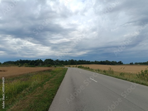 Aviacijos street in Siauliai. Empty street in suburbs. Sunny day with white and gray clouds in sky. Summer season. Aviacijos gatve Siauliuose. photo