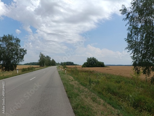 Aviacijos street in Siauliai. Empty street in suburbs. Sunny day with white and gray clouds in sky. Summer season. Aviacijos gatve Siauliuose. photo