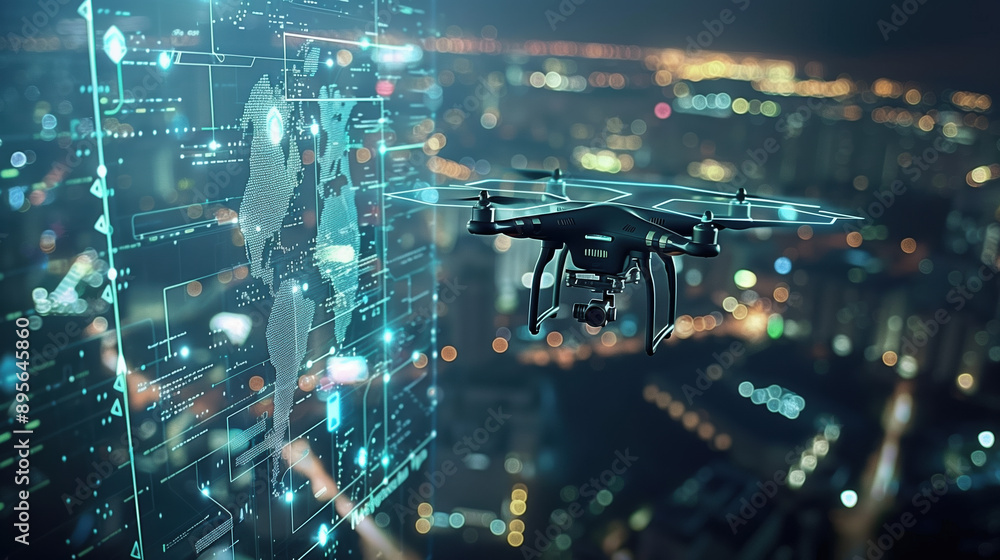 An advanced drone surveillance system with holographic aerial maps and real-time video feeds, enhancing security monitoring in urban environments. An advanced drone surveillance system with holographic aerial maps and real-time video feeds, enhancing security monitoring in urban environments.