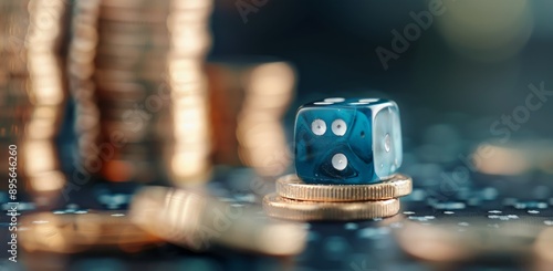 Blue Dice on Stack of Coins