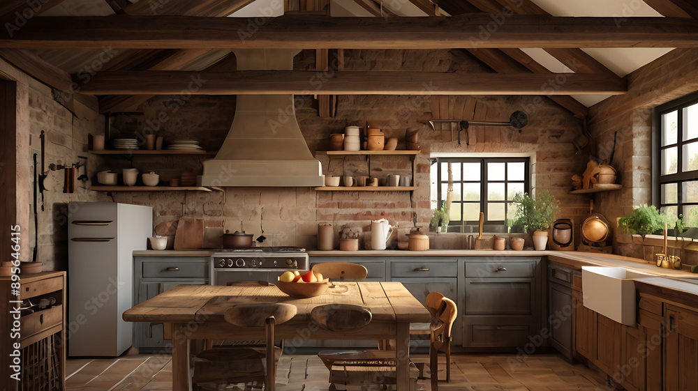 A rustic farmhouse kitchen with wooden beams and vintage appliances, symbolizing comfort and traditional living. A rustic farmhouse kitchen with wooden beams and vintage appliances, symbolizing comfort and traditional living.