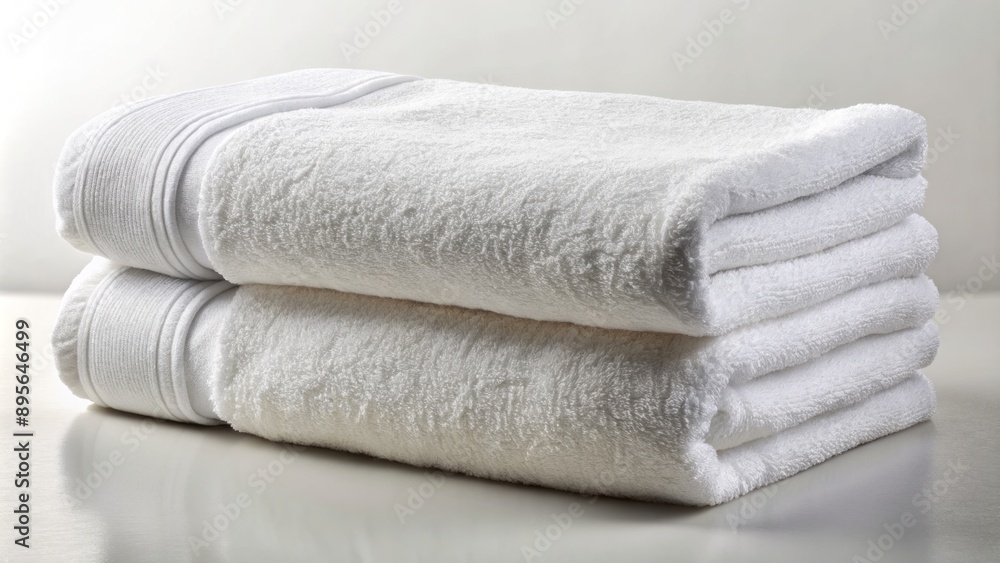 Freshly laundered, crisp, and plush, two soft white towels are stacked and neatly folded against a clean transparent background. Freshly laundered, crisp, and plush, two soft white towels are stacked and neatly folded against a clean transparent background.