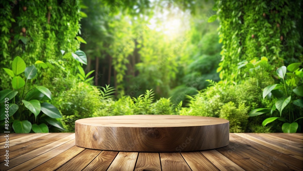 A wooden pedestal with a natural, raw wood texture, surrounded by lush green foliage and a natural wood floor, emphasizing an organic and eco-friendly vibe for showcasing products. A wooden pedestal with a natural, raw wood texture, surrounded by lush green foliage and a natural wood floor, emphasizing an organic and eco-friendly vibe for showcasing products.
