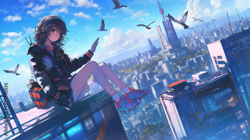 Anime girl sitting atop a tall building, great for computer wallpapers.