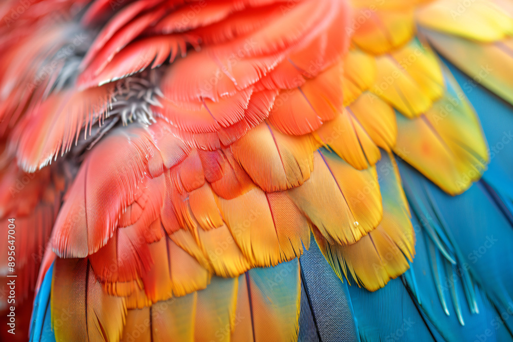 Obraz premium Abstract background with a close-up of colorful chicken feathers, macro photography of texture and pattern. Red rooster's tail feathers showing natural and detailed feather patterns