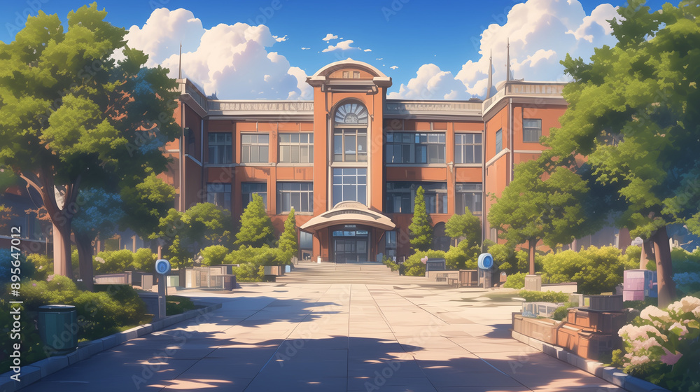 Obraz premium Anime-style school building located in front of a sidewalk.