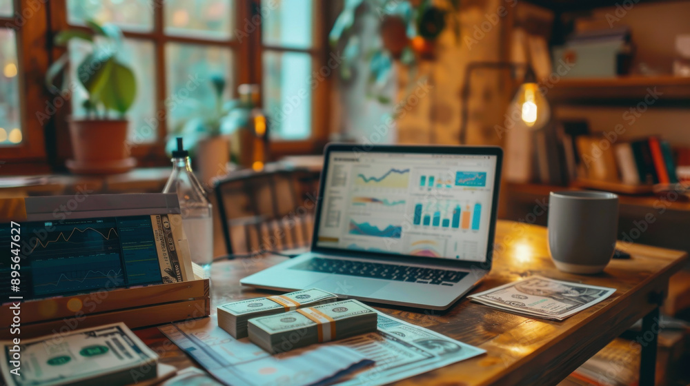 Counting cash by hand in a home office, with a laptop showing financial graphs and dollar bills neatly stacked. Counting cash by hand in a home office, with a laptop showing financial graphs and dollar bills neatly stacked.