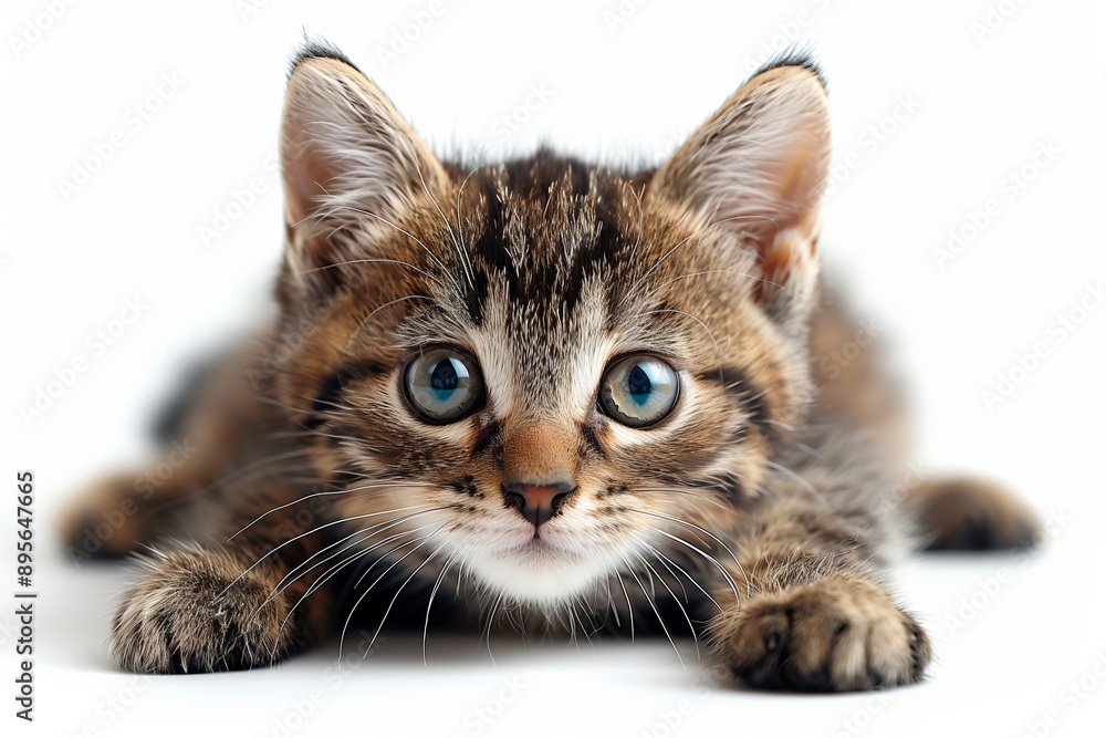 Obraz premium Un adorabile gattino arancione con grandi occhi curiosi e baffi lunghi, ritratto su sfondo bianco. La sua pelliccia soffice e il musetto dolce trasmettono tenerezza e amore, perfetto per una foto.