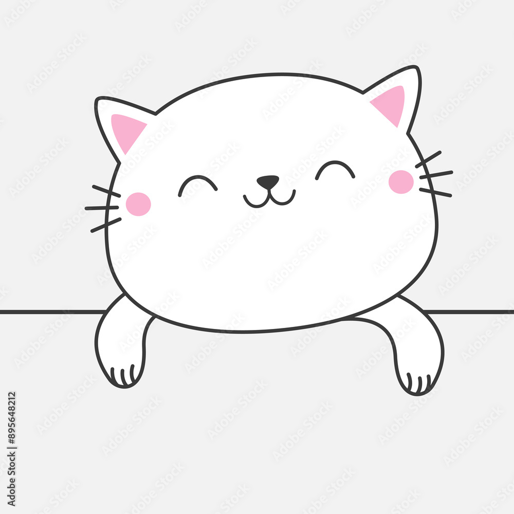 Peeking white smiling cat hanging on white paper. Kitten hands. Paw print on the table. Line contour silhouette. Funny Kawaii pet animal. Cute cartoon character. Flat design. White background. Vector Peeking white smiling cat hanging on white paper. Kitten hands. Paw print on the table. Line contour silhouette. Funny Kawaii pet animal. Cute cartoon character. Flat design. White background. Vector