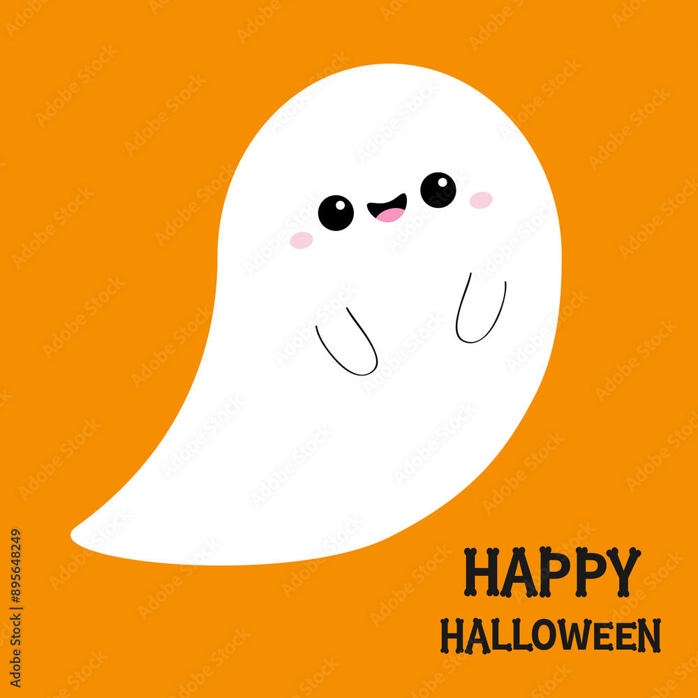 Happy Halloween. Flying white ghost spirit with hands. Cute kawaii cartoon funny spooky character. Smiling face. White ghosts. Boo. Childish style. Greeting card. Orange background. Flat design Vector Happy Halloween. Flying white ghost spirit with hands. Cute kawaii cartoon funny spooky character. Smiling face. White ghosts. Boo. Childish style. Greeting card. Orange background. Flat design Vector