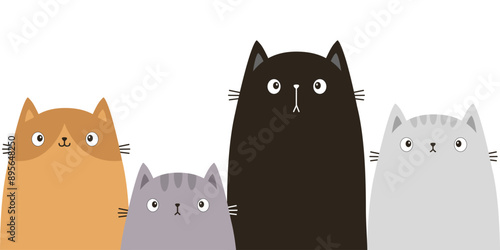 Four cat set. Peeking kitten family. Black, gray, white, red silhouette. Cute cartoon kawaii funny boo spooky pet baby character line banner. Happy Valentines day. Flat design. White background Vector