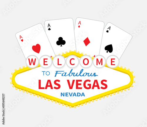 Four aces playing card set. Hearts Diamonds Clubs Spades ace. Poker cards suits. Welcome to Las Vegas Nevada sign symbol icon. Casino gambling. Invitation banner. Flat design. White background. Vector