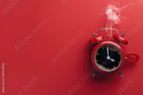 Red Alarm Clock Filled with Coffee and Smoke photo