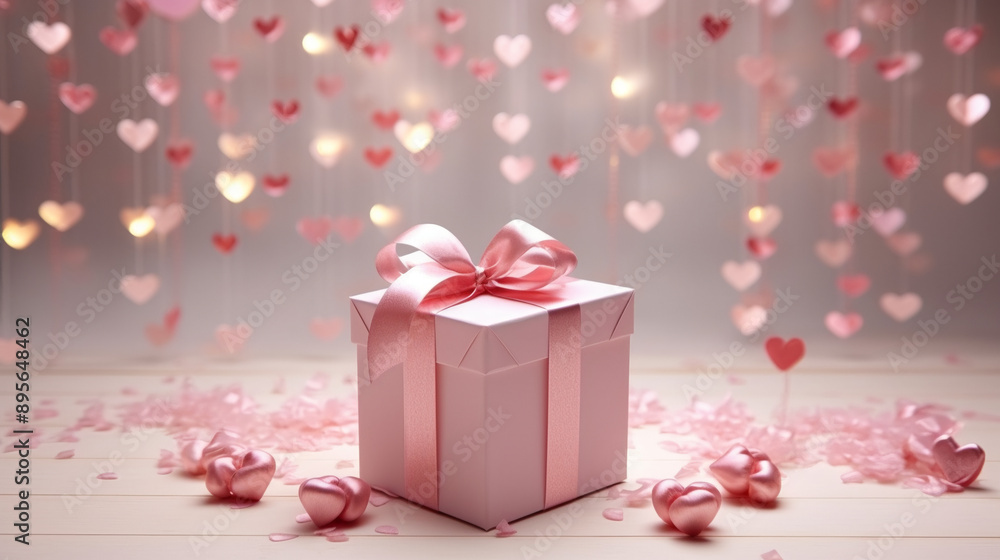 A Valentine's Day-themed photo backdrop with a pink gift box, surrounded floating hearts and roses on the floor.wallpaper, background, backdrop. A Valentine's Day-themed photo backdrop with a pink gift box, surrounded floating hearts and roses on the floor.wallpaper, background, backdrop.