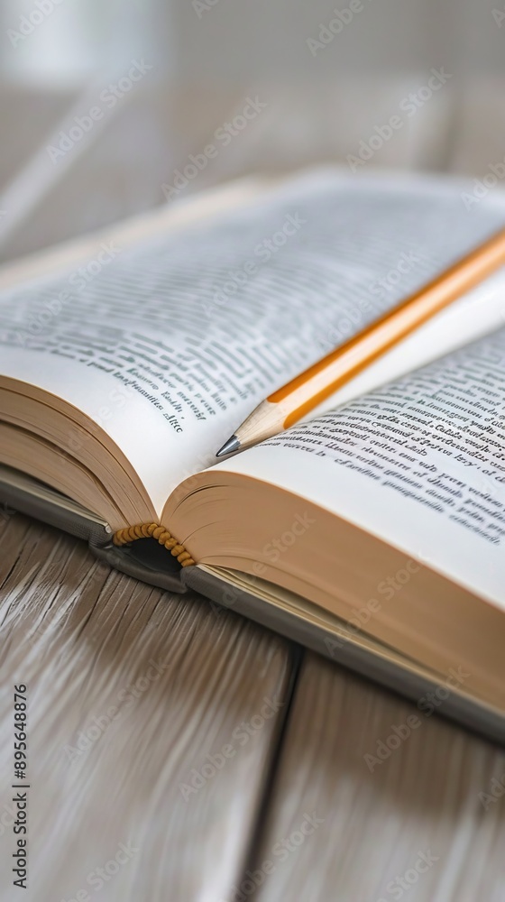 A Blank Open Book with Pencil on a Light Wooden Background A Blank Open Book with Pencil on a Light Wooden Background